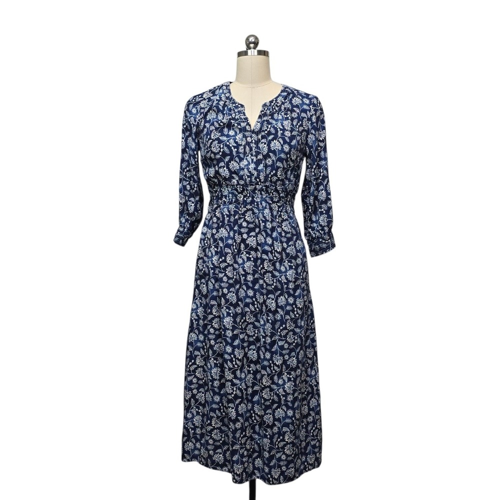 J.Jill Navy Blue Floral Ecovero Viscose Midi Dress Size XS Petite Elastic Waist
